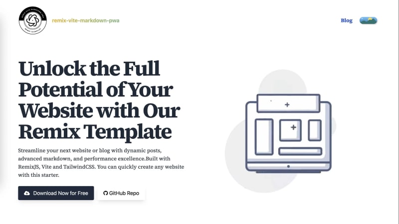 A clean black and white website marketing the remix-vite-markdown-pwa template starter.