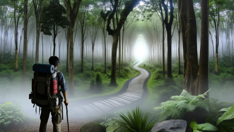 A solitary traveler stands at the start of a misty forest path, equipped for a journey of discovery.