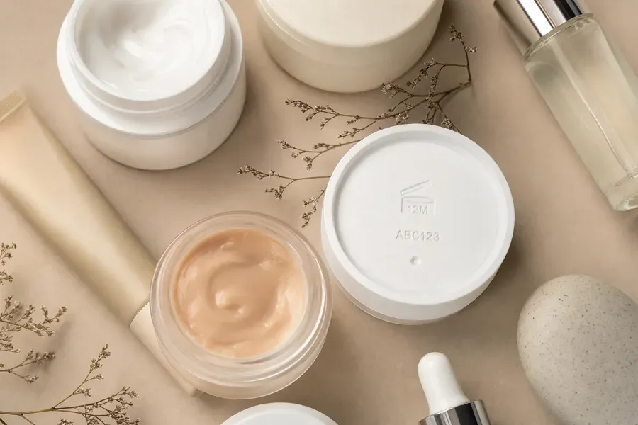 Cream jars viewed from above, showing the 12M PAO symbol and batch code.