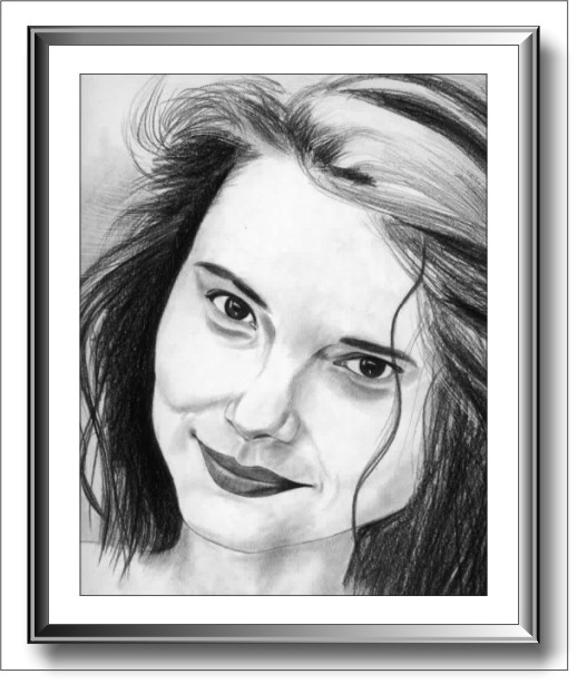 Pintura de retrato a carvão grafite por encomenda e por fotografia, busto de senhora apenas face e cabelos