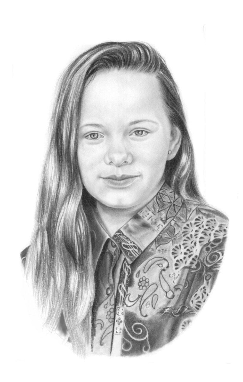 Retrato a carvão grafite por encomenda, de busto de menina camisa oriental