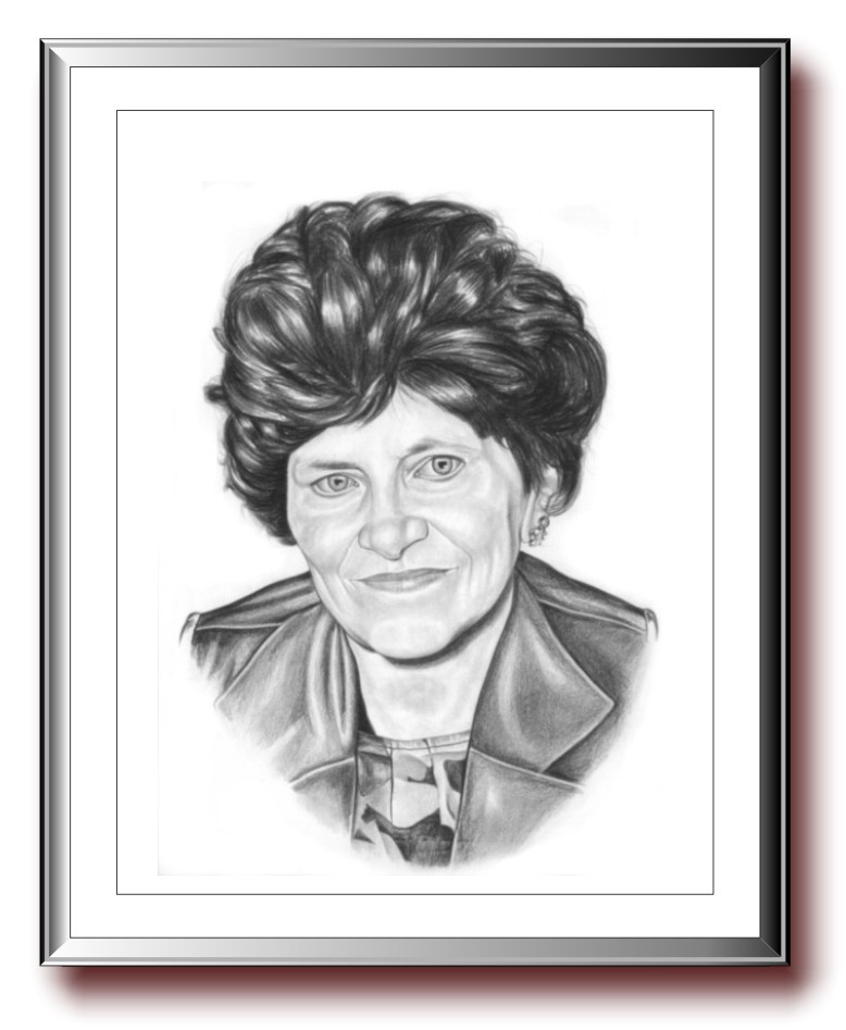 Pintura de retrato a carvão grafite por encomenda e por fotografia, busto de senhora cabelo escuro