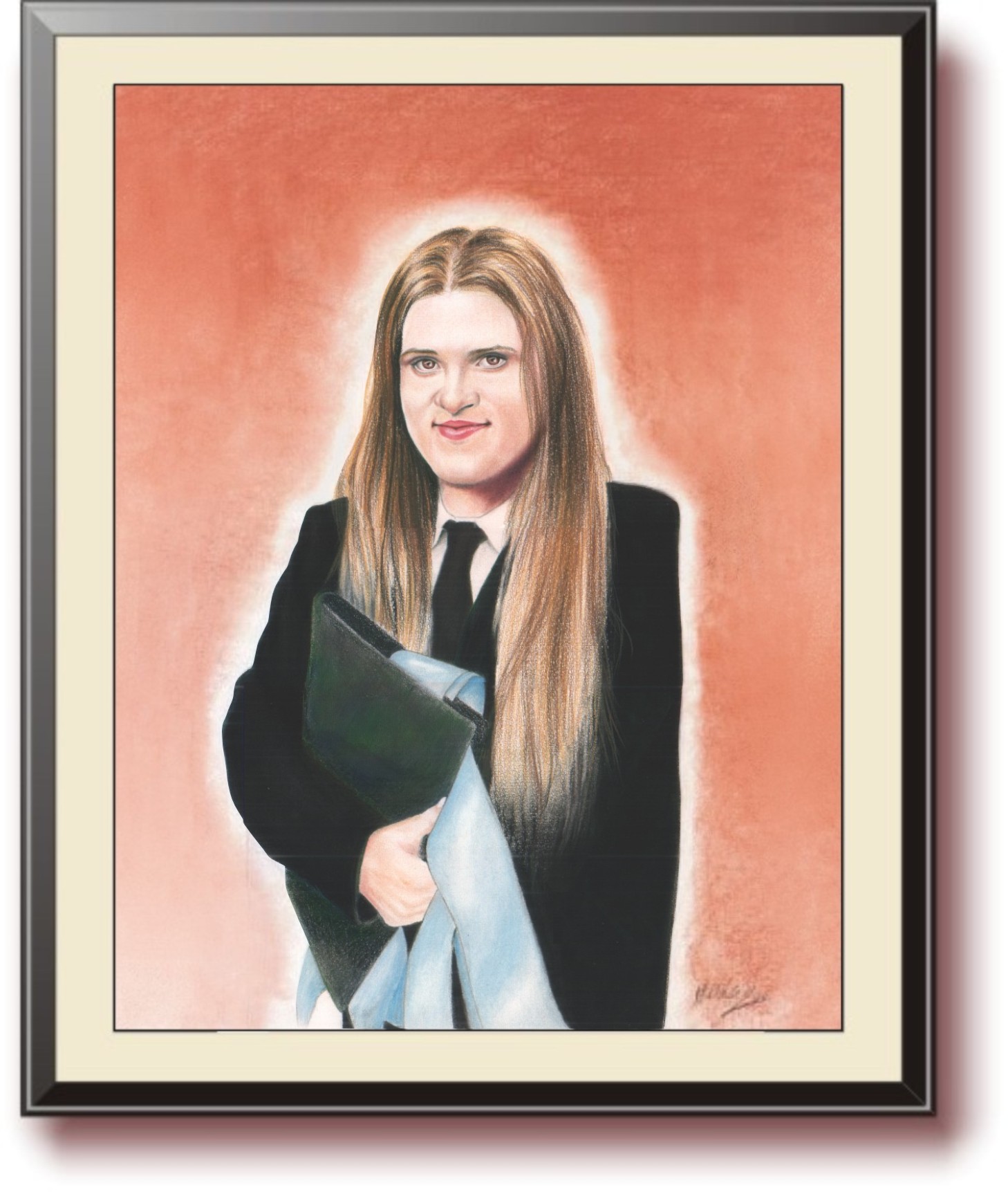 Retrato a pastel sêco sobre papel meio corpo formatura universitária insígnias