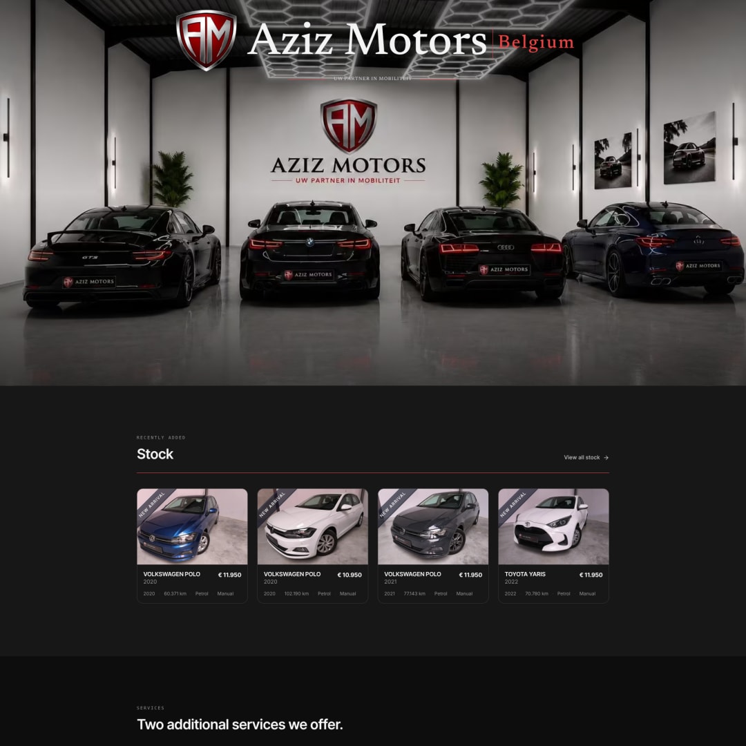 Aziz Motors home page showing the hero section and newly arrived vehicles