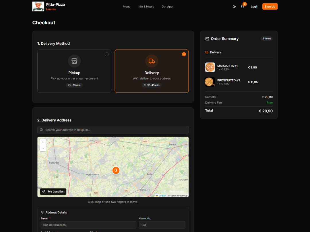 Checkout screen with pickup and delivery options and time scheduling