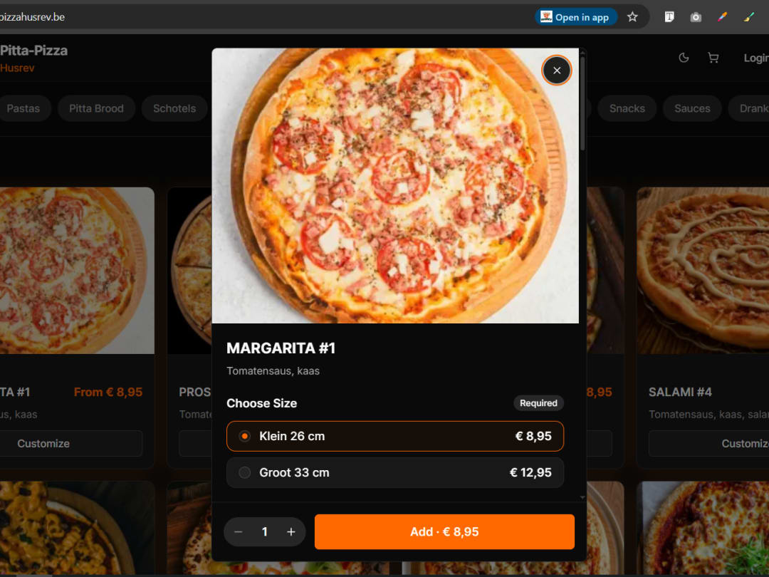 Item customization dialog showing topping choices, extras and exclusion rules