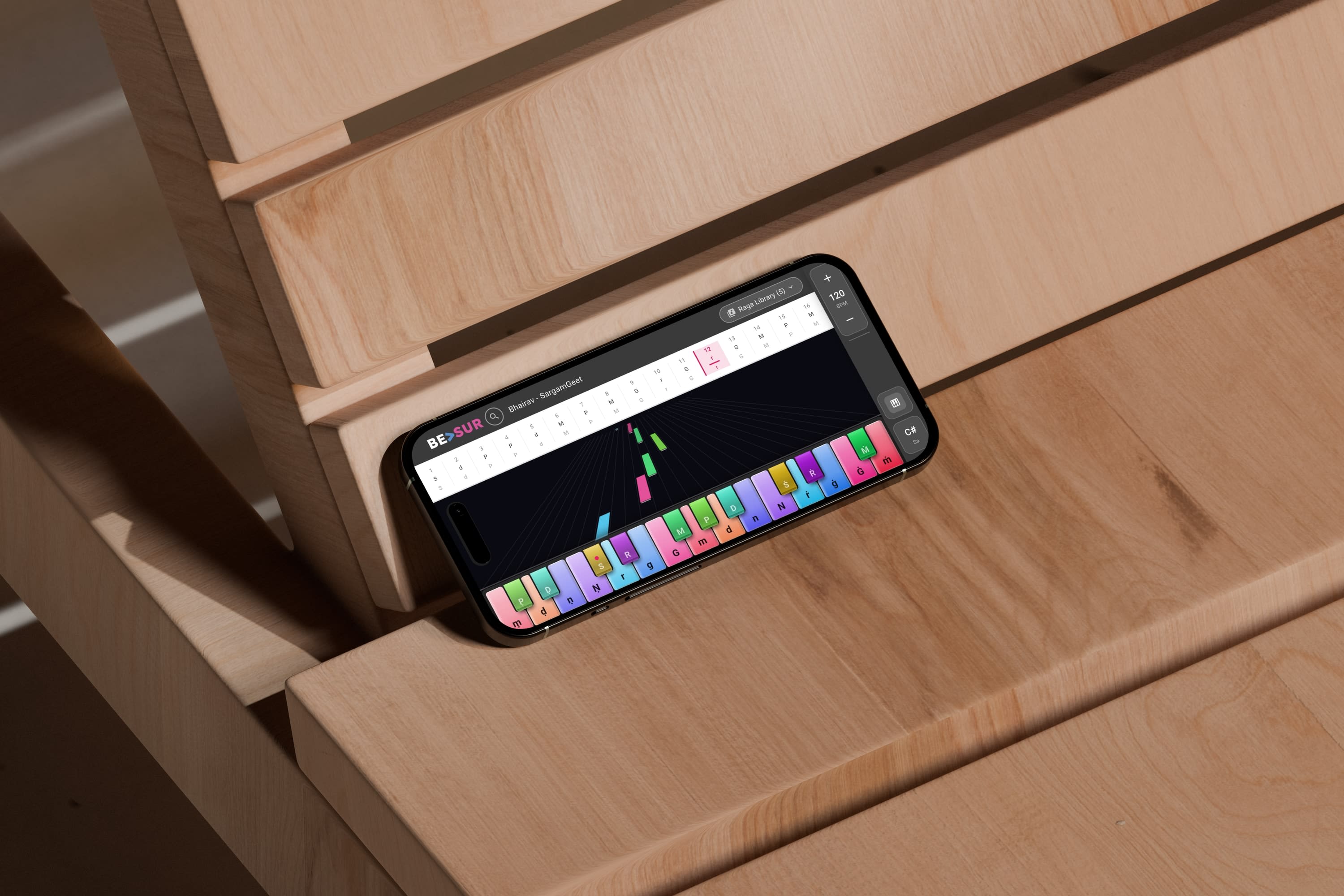 beSur colorful piano keys on wooden bench