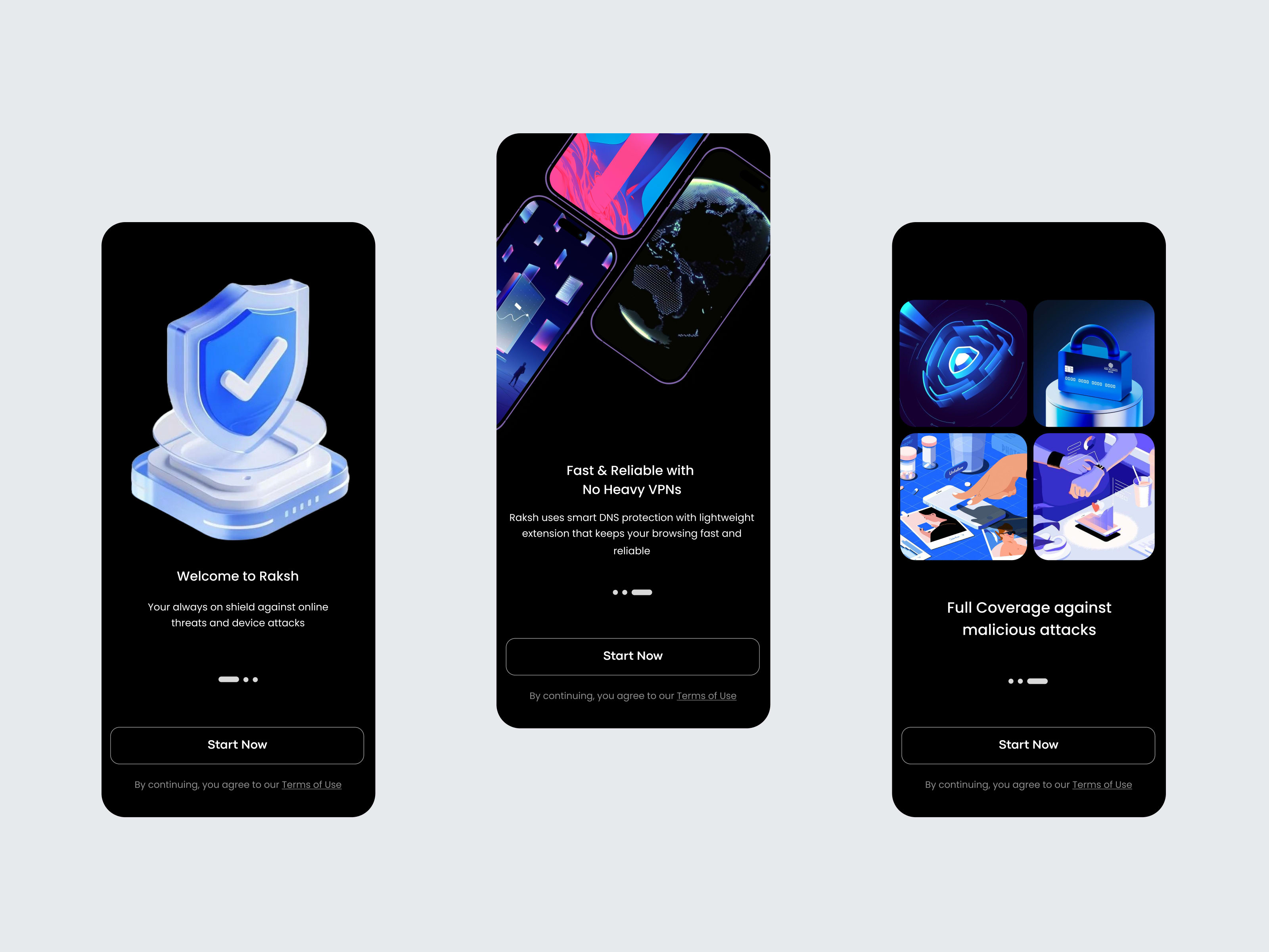 Raksh onboarding screens  - welcome, DNS protection, and coverage