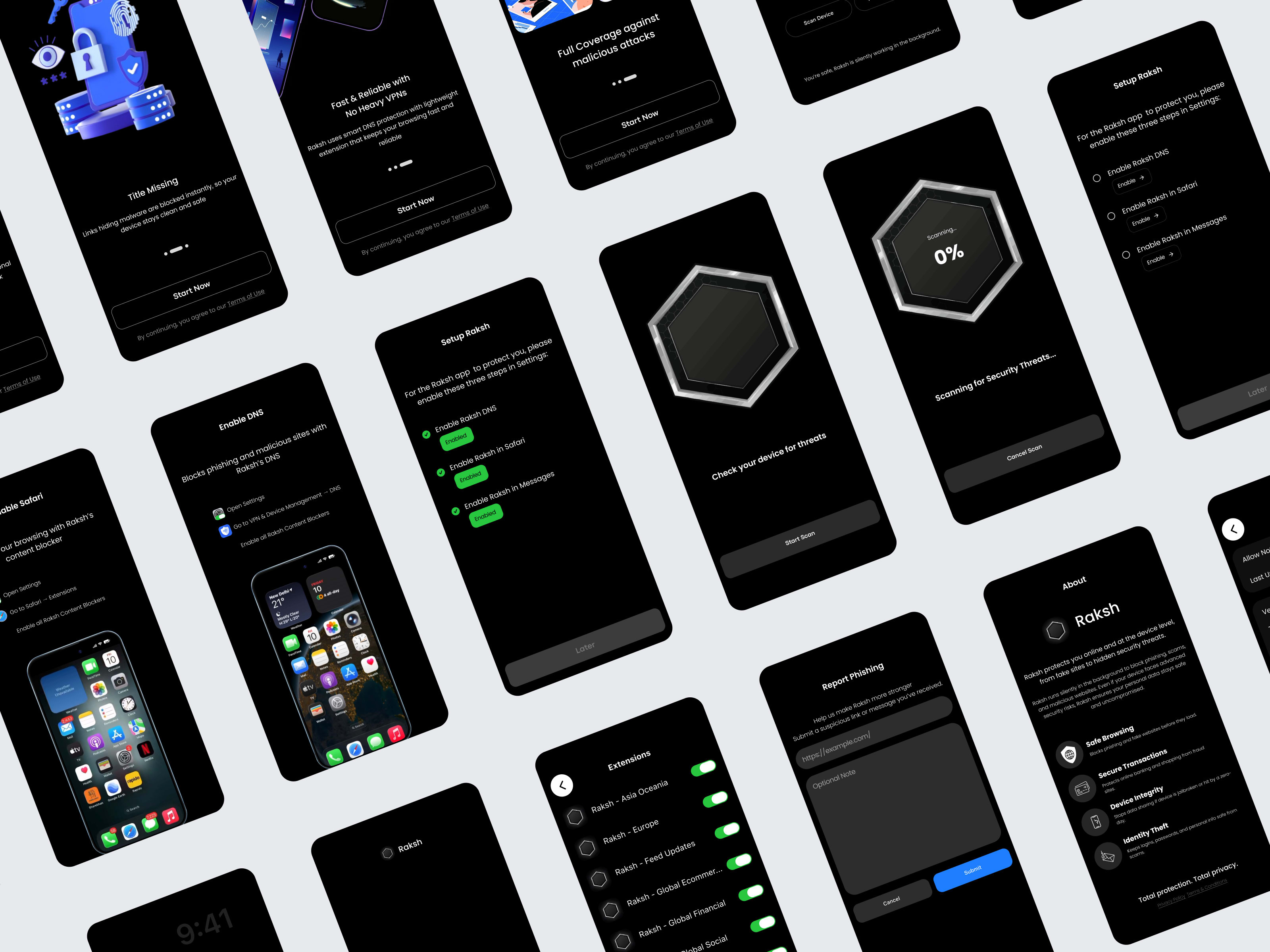 Raksh all screens overview on light background