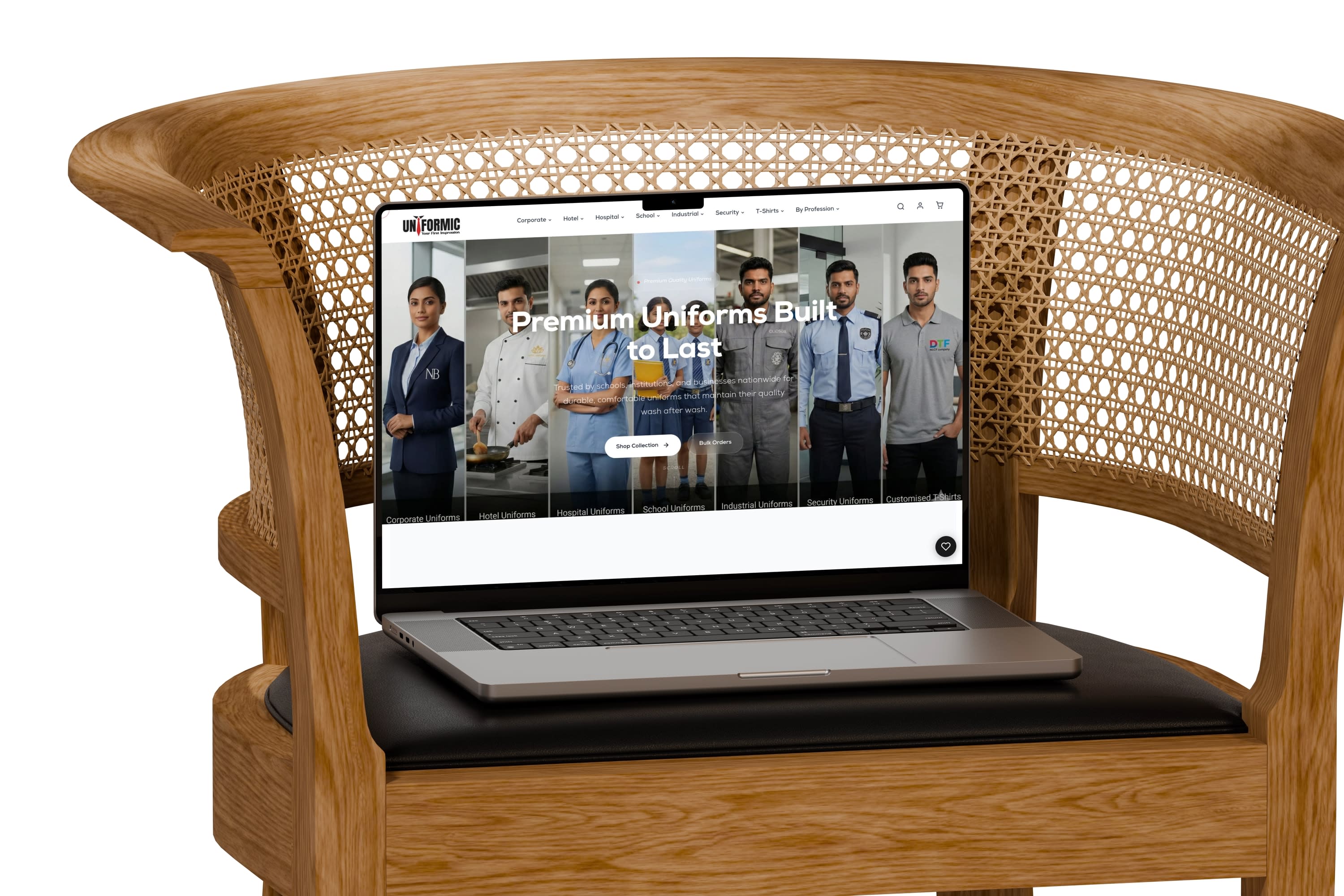 Uniformic store on MacBook Pro on a woven wooden chair