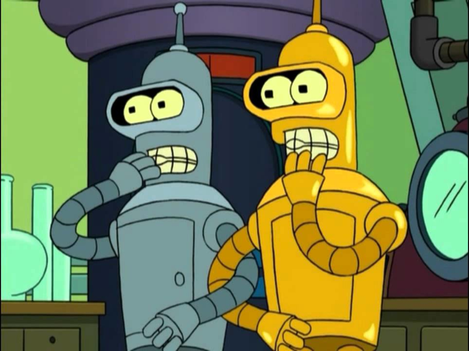 Bender from Futurama meets his golden doppelganger in an alternate universe