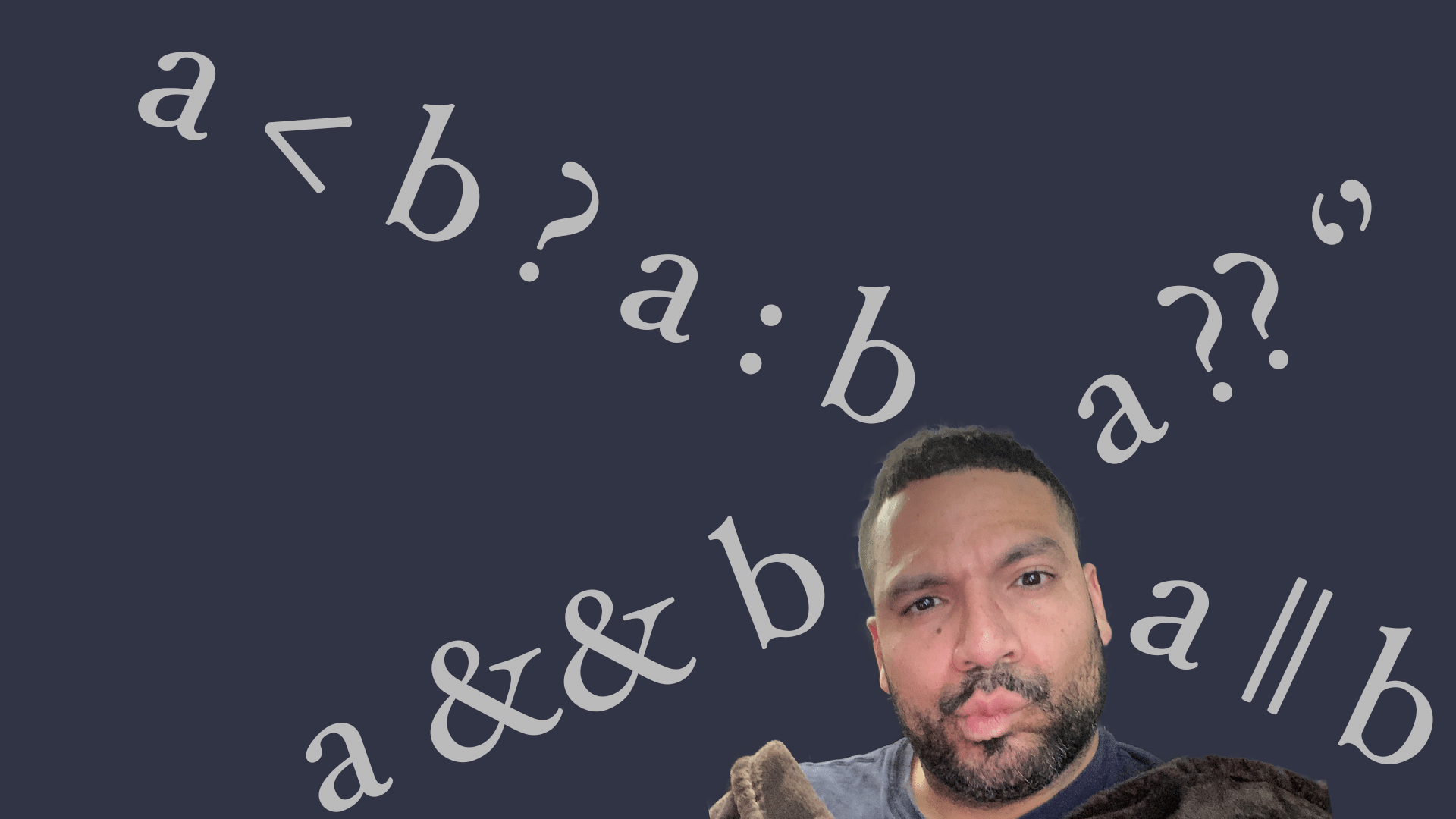 A picture of Ulises Himely making a silly face with logical operators overlayed on top