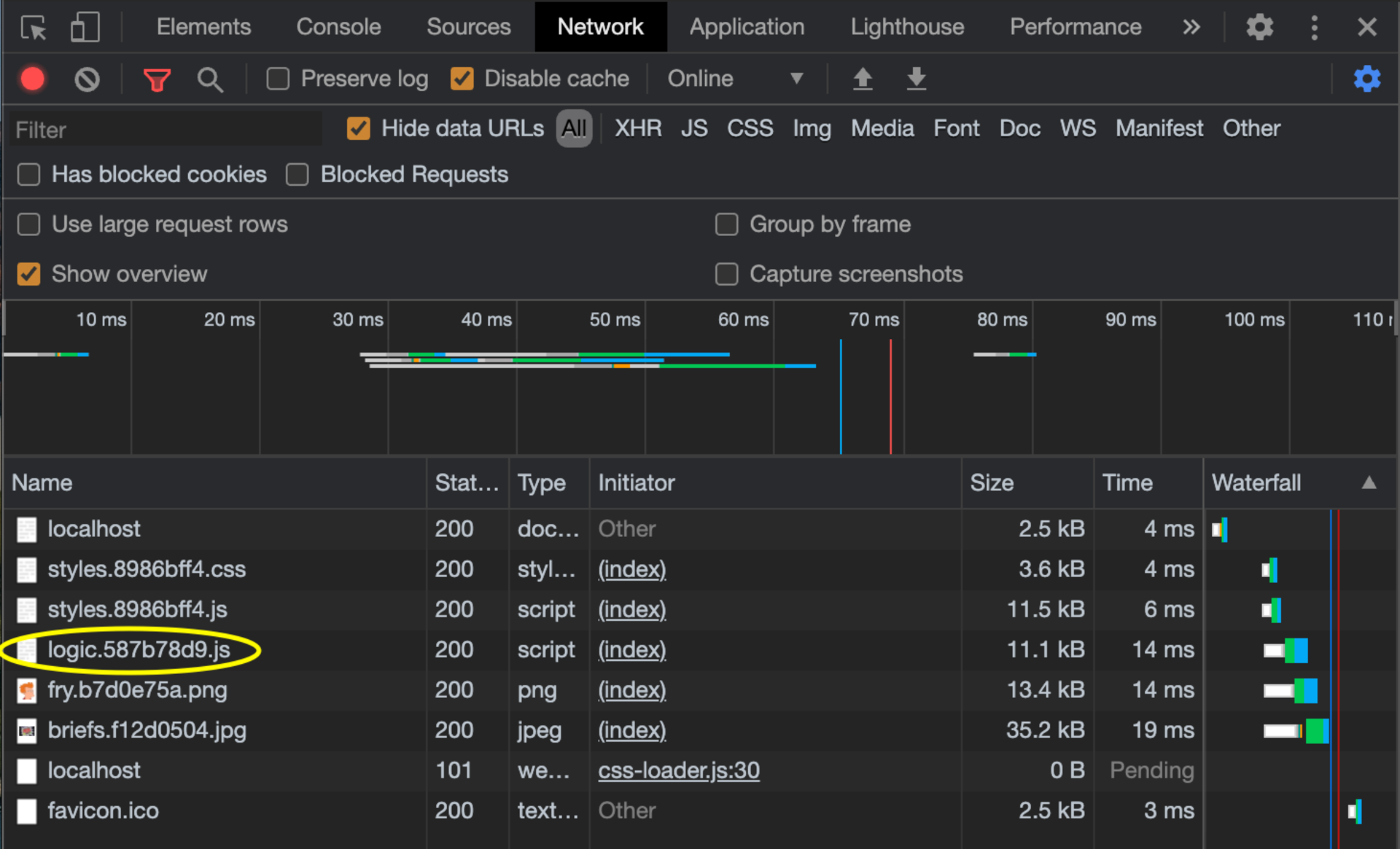 A screenshot of the network tab shows that our logic.js file is loaded after our styles