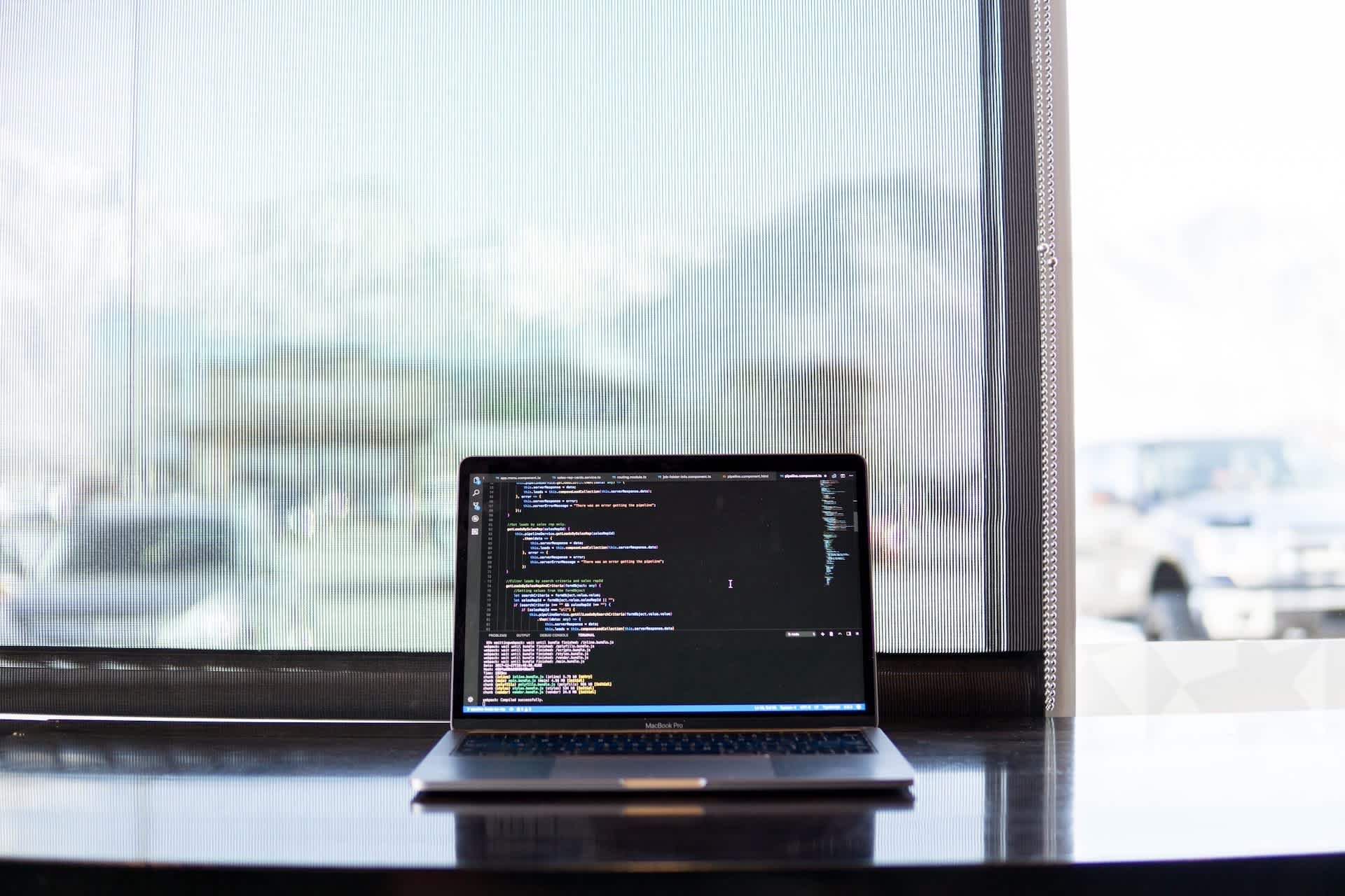 Code on a laptop screen, and the laptop is positioned in front of a window