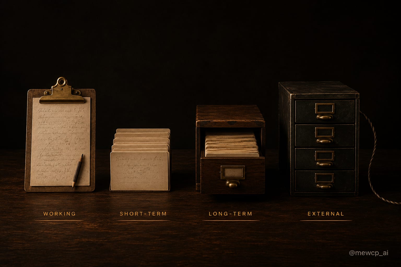 Four objects on a dark desk representing the four memory layers: a clipboard, a stack of index cards, a card catalog drawer, and a cabled steel cabinet