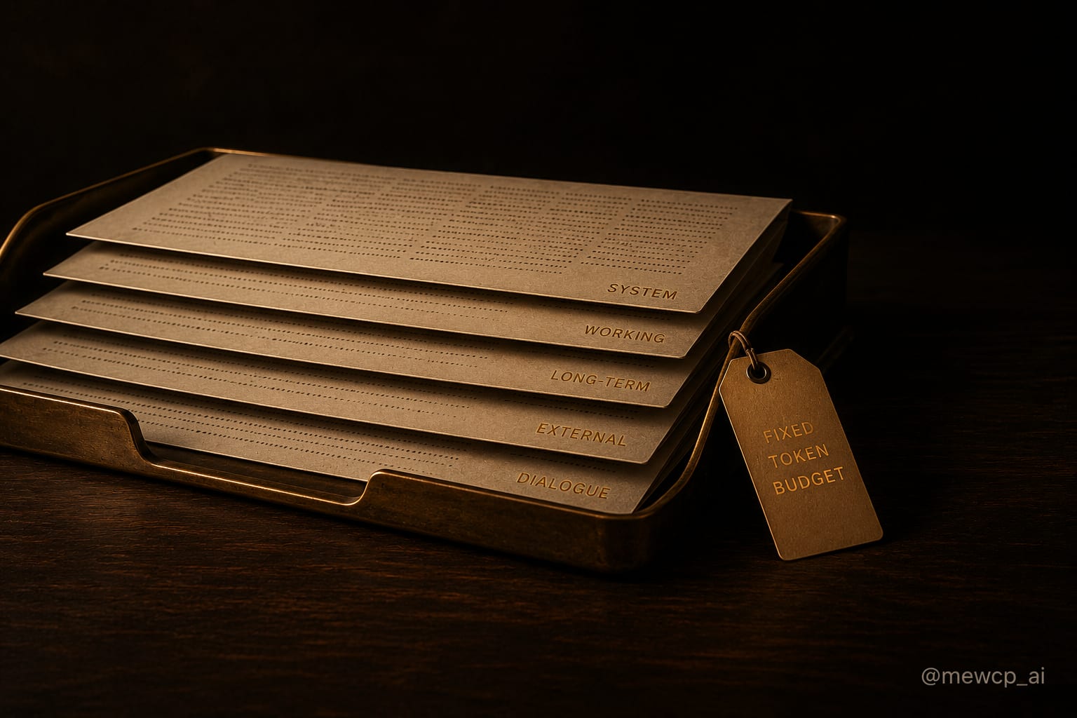 A dark desk with stacked labelled sheets in a brass tray, each sheet tagged with a token budget for one part of the prompt