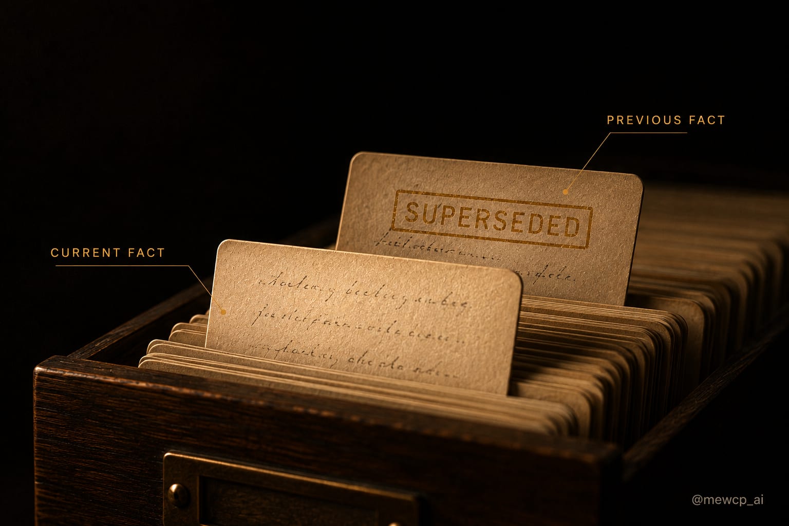 An open card catalog drawer on a dark desk with one card stamped superseded behind a newer card lit in amber