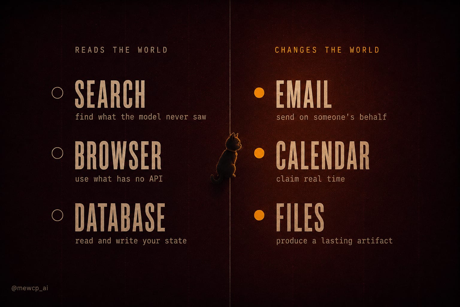 A two column dark layout separating Search, Browser and Database from Email, Calendar and Files