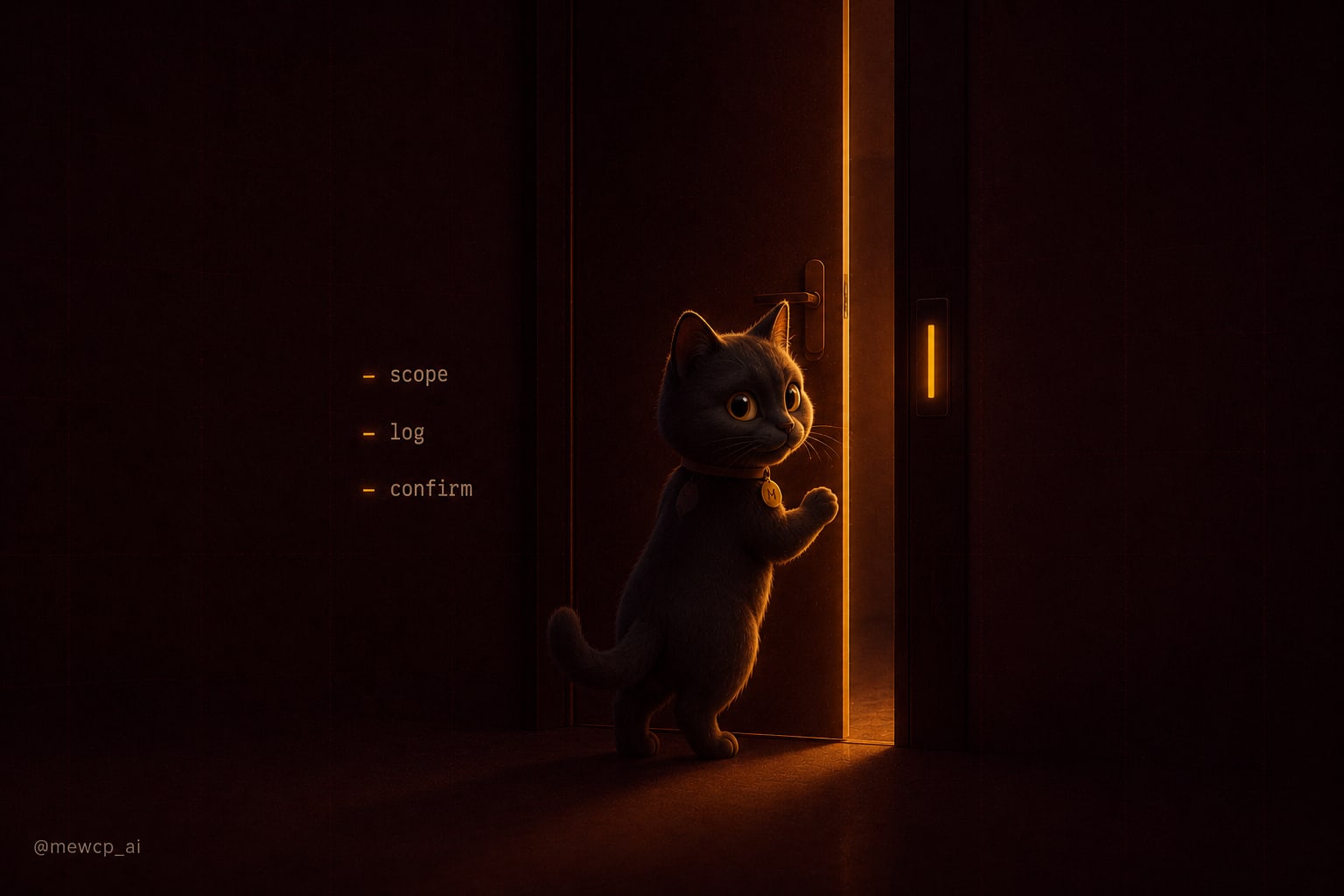 A cat character pausing at a half open amber door with the annotations scope, log and confirm floating beside it