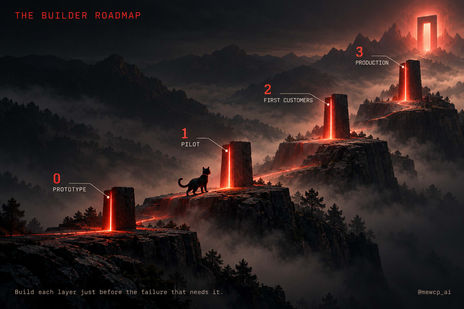 Four glowing waypoints on a rising path labeled prototype, pilot, first customers and production