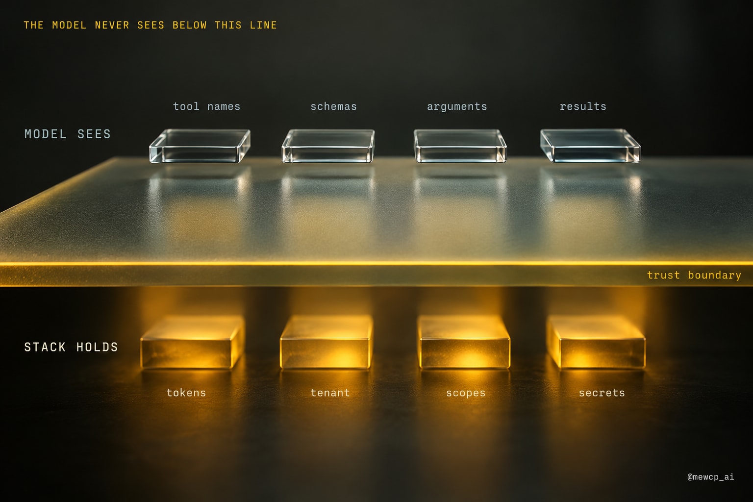A frosted glass plane with a glowing yellow edge separating what the model sees above from what the stack holds below