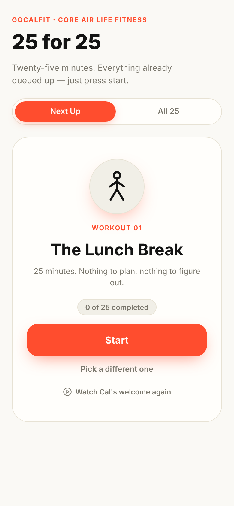 25 for 25 workout app — start screen