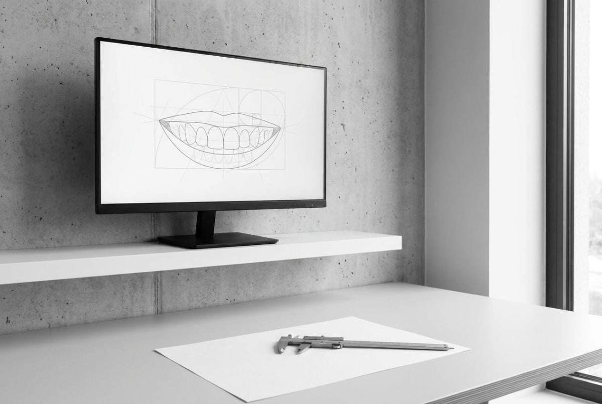 Studio di progettazione del sorriso con wireframe digitale e calibro di precisione