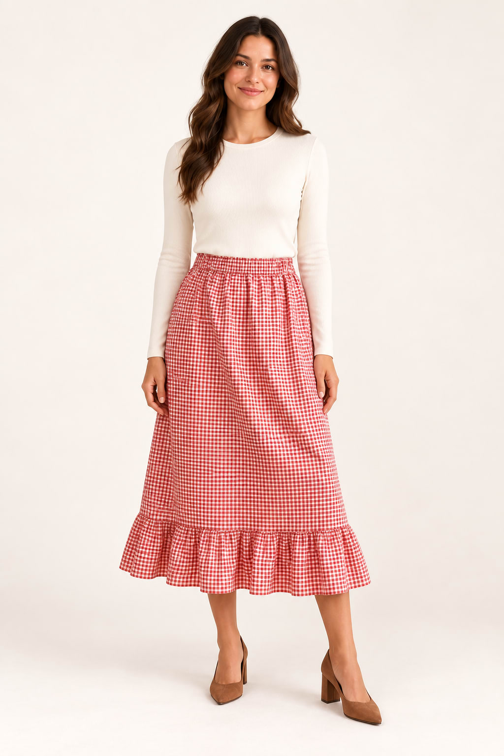 Jupe Maïwenn midi vichy rouge Tsniout - vue 1