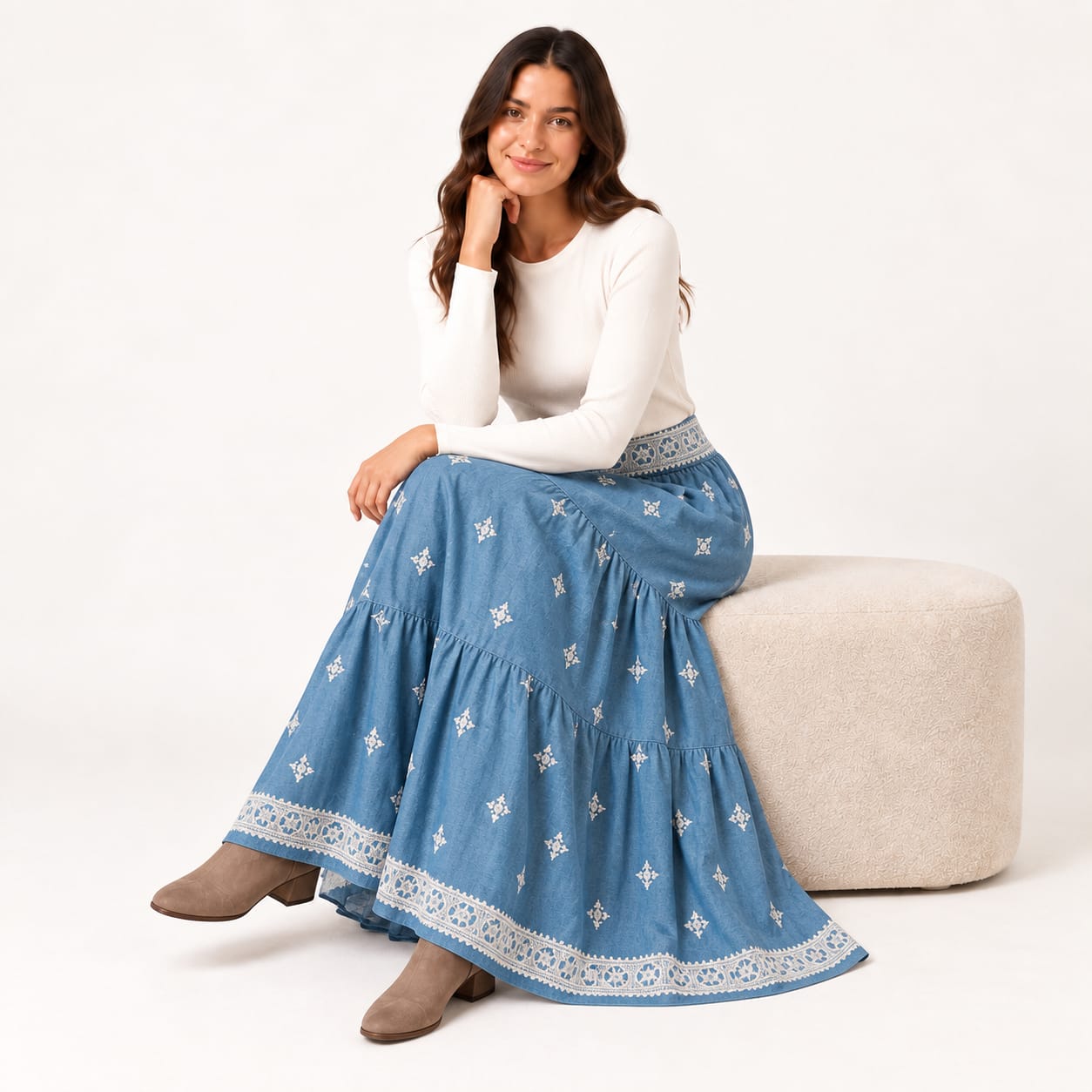 Jupe Becca longue brodee jeans Tsniout - vue 5