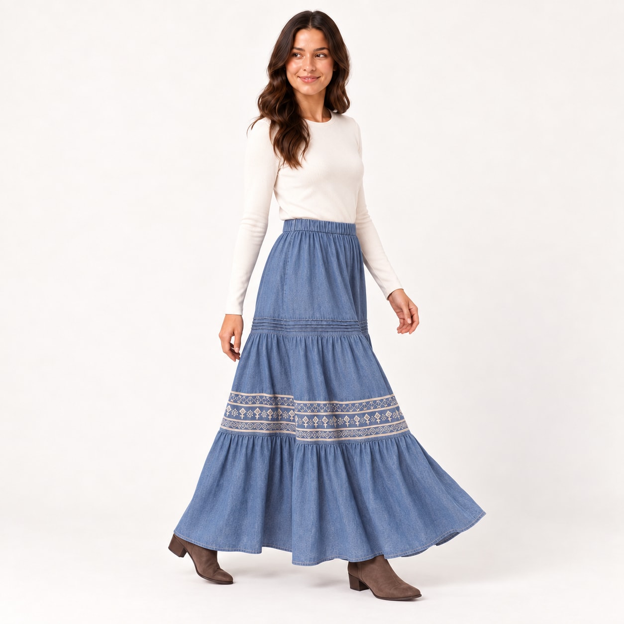 Jupe Azoria longue jeans brodee Tsniout - vue 3