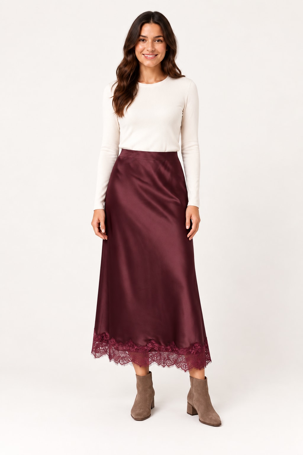 Jupe GY010 midi satin dentelle bordeaux Tsniout - vue 1