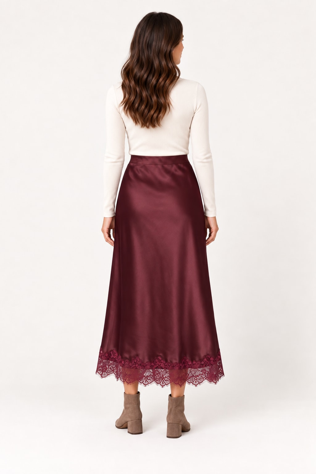 Jupe GY010 midi satin dentelle bordeaux Tsniout - vue 2