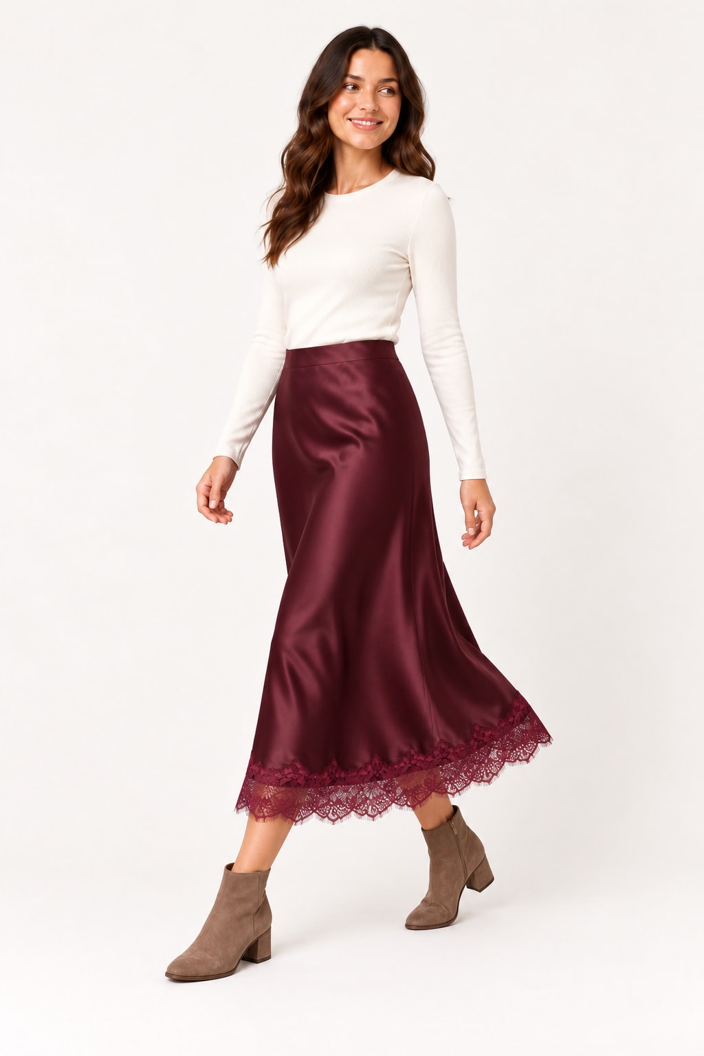 Jupe GY010 midi satin dentelle bordeaux Tsniout - vue 3