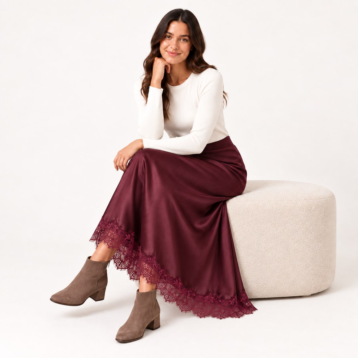 Jupe GY010 midi satin dentelle bordeaux Tsniout - vue 5