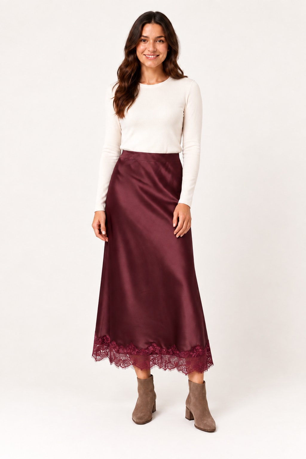 Jupe GY010 midi satin dentelle bordeaux Tsniout - vue 6