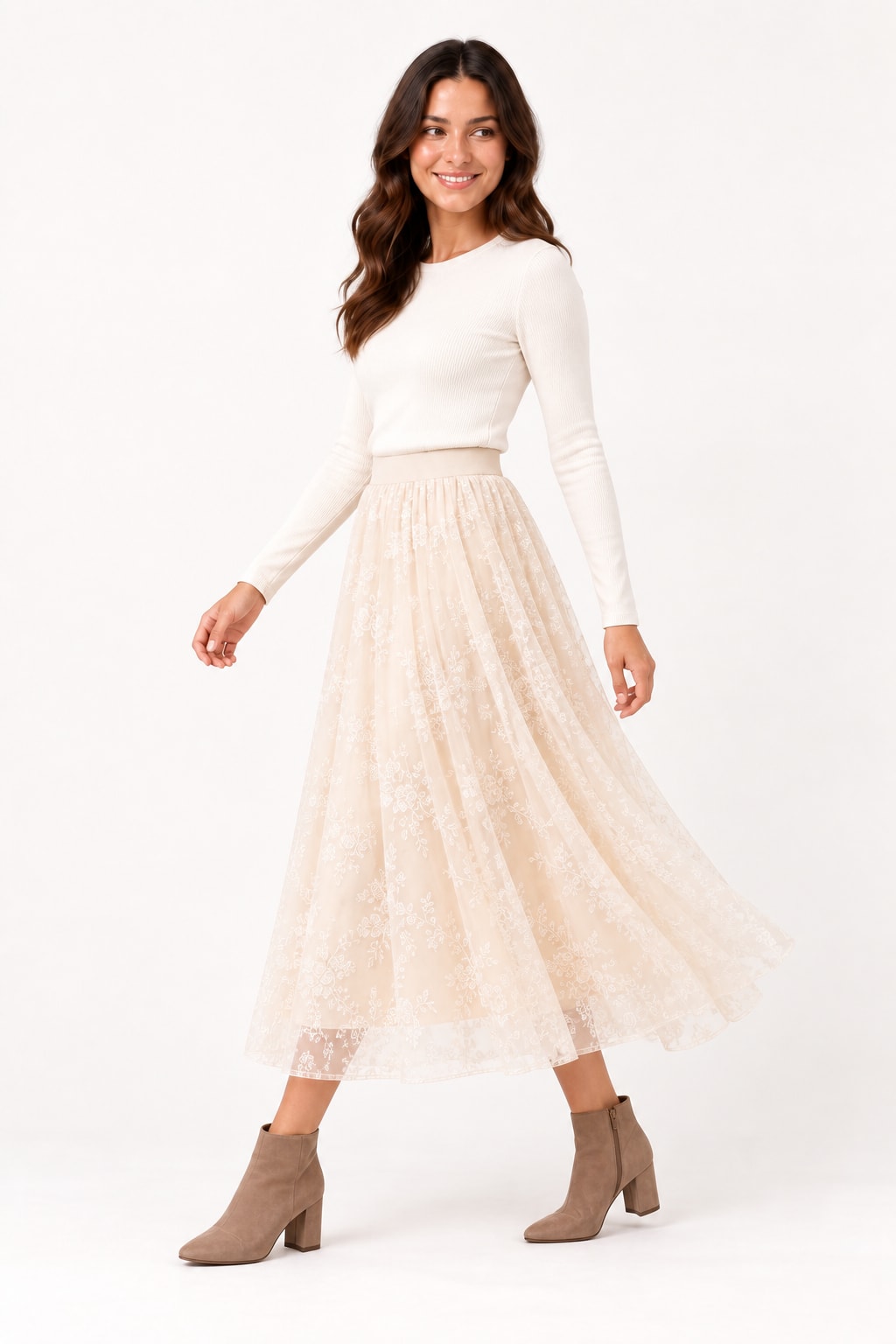 Jupe Arya midi tulle brodee beige Tsniout - vue 3