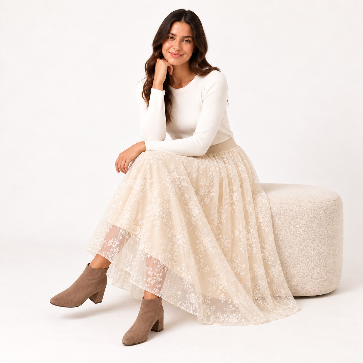 Jupe Arya midi tulle brodee beige Tsniout - vue 5