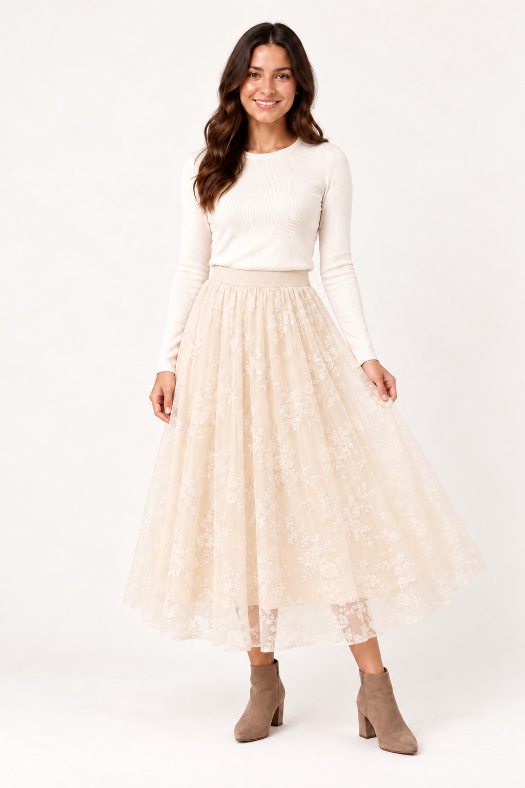 Jupe Arya midi tulle brodee beige Tsniout - vue 6