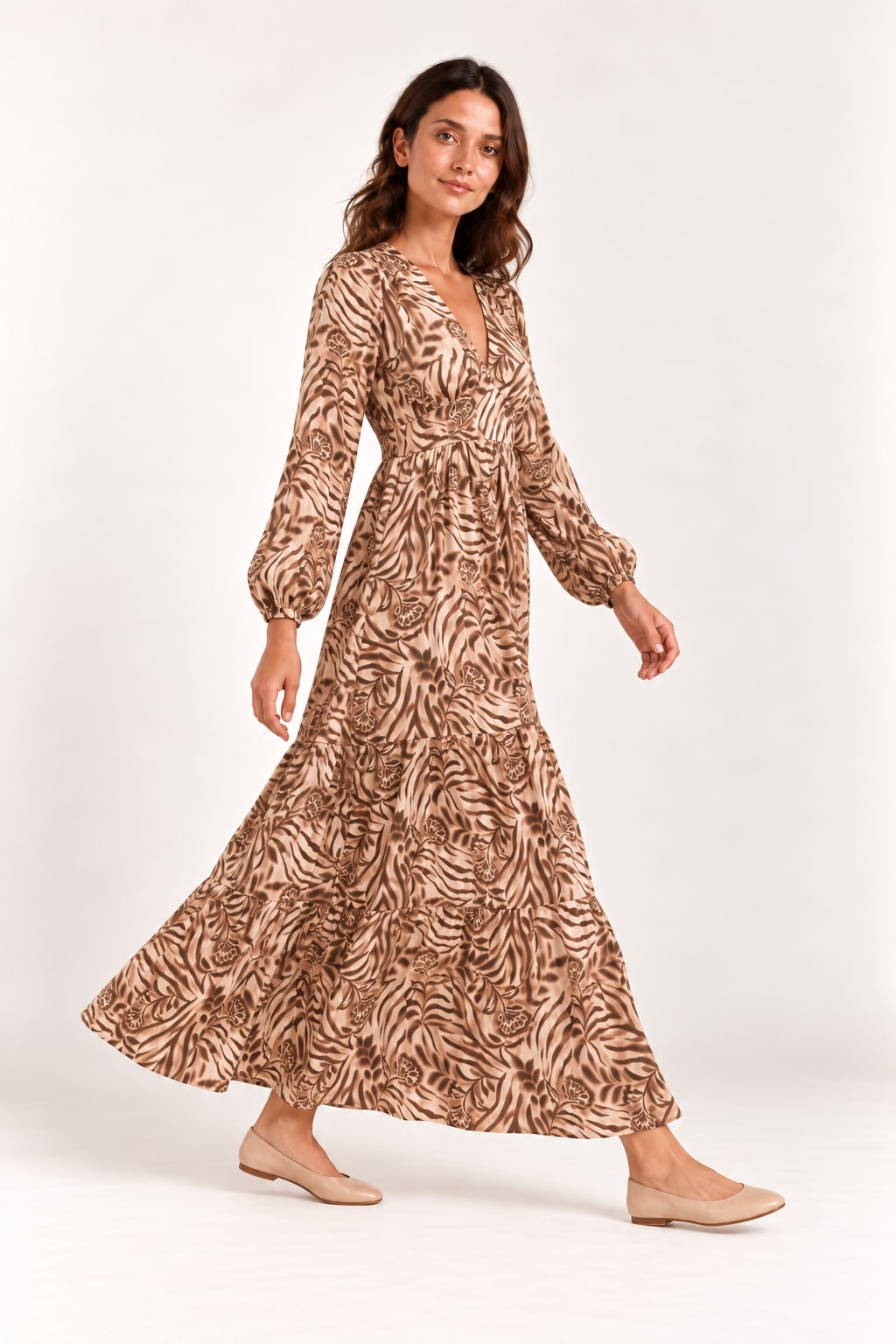 Robe Mélusine longue imprimée marron Tsniout - vue 3