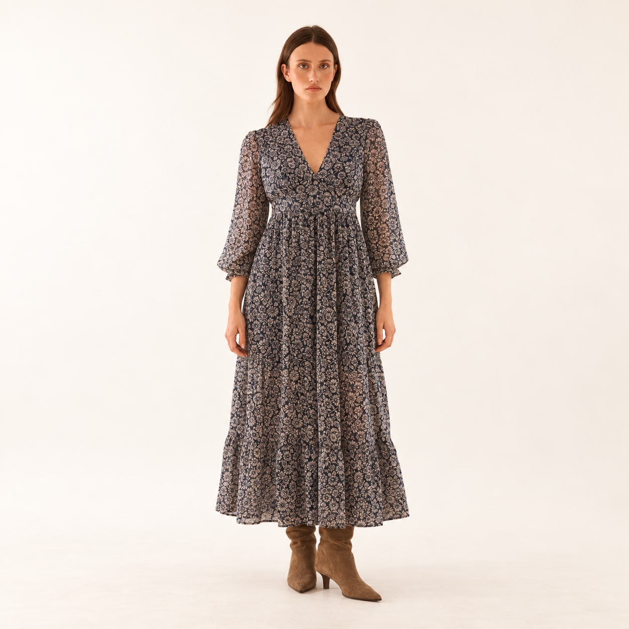 Robe Alienor longue imprimée marine Tsniout - vue 1