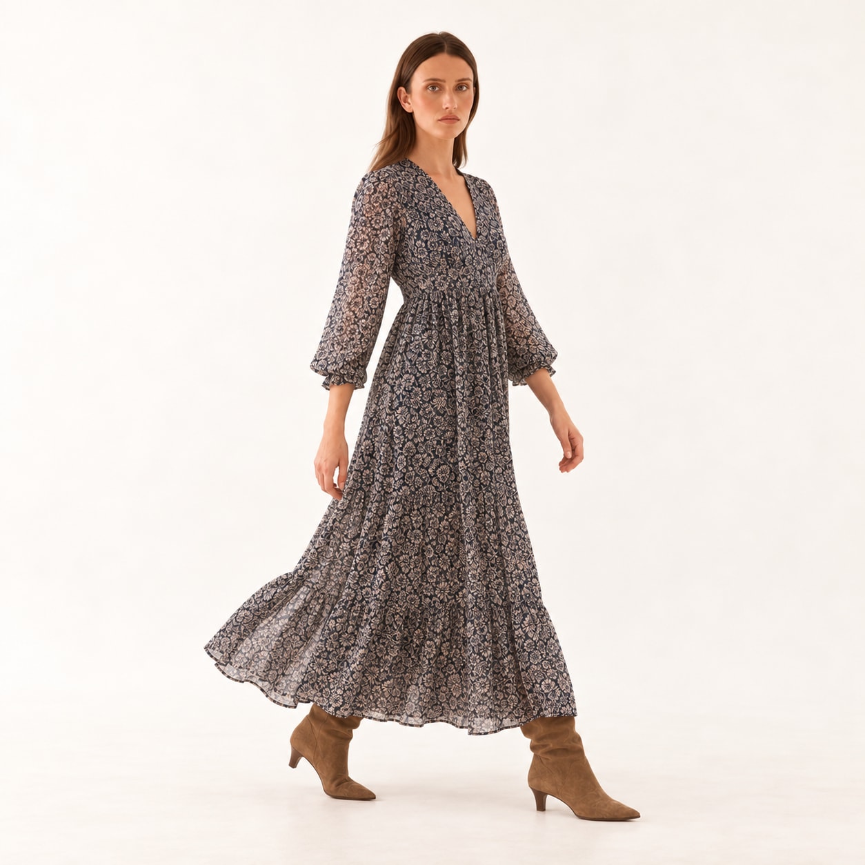 Robe Alienor longue imprimée marine Tsniout - vue 3