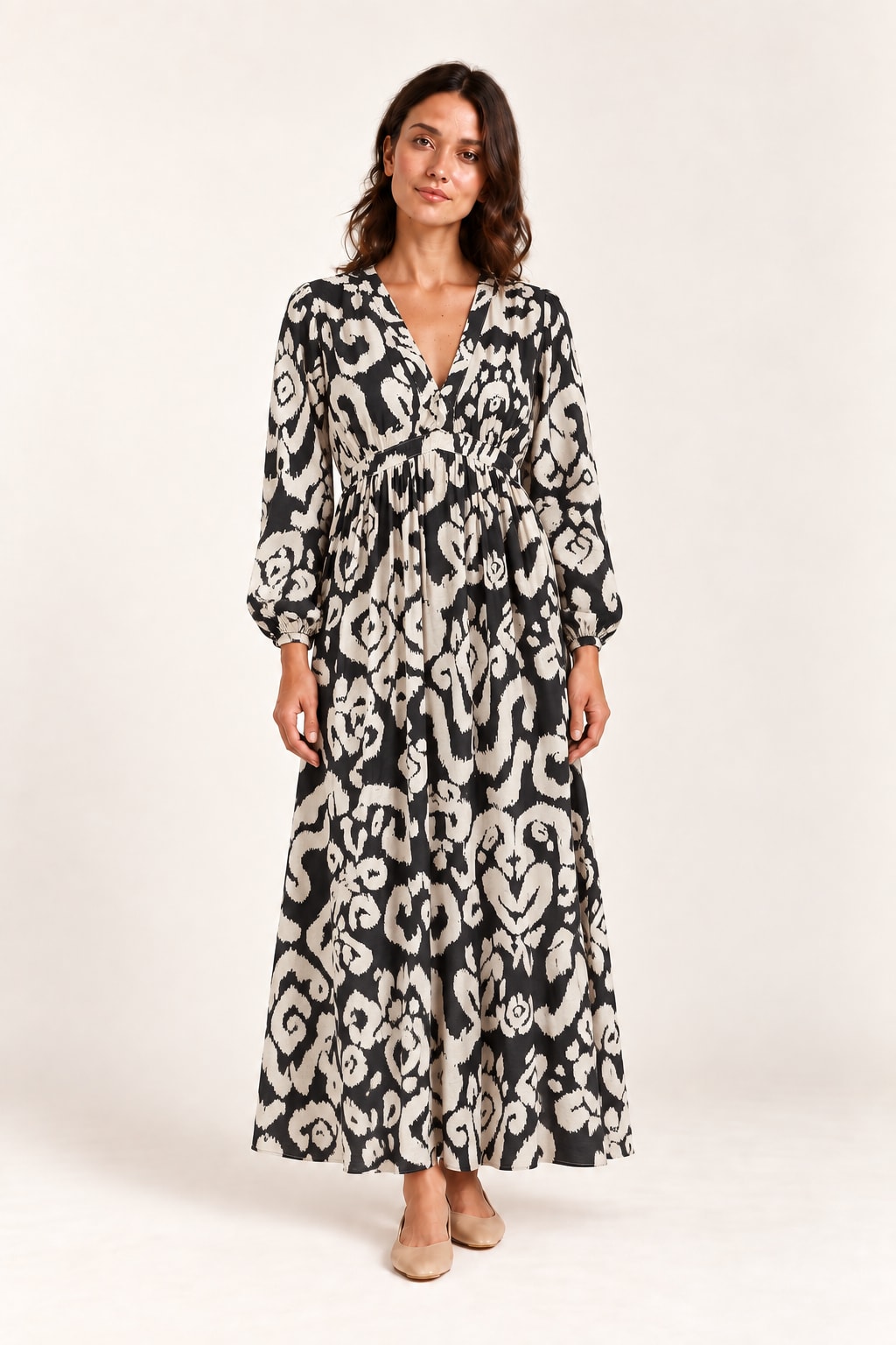 Robe Ilona longue imprimée noir écru Tsniout - vue 1