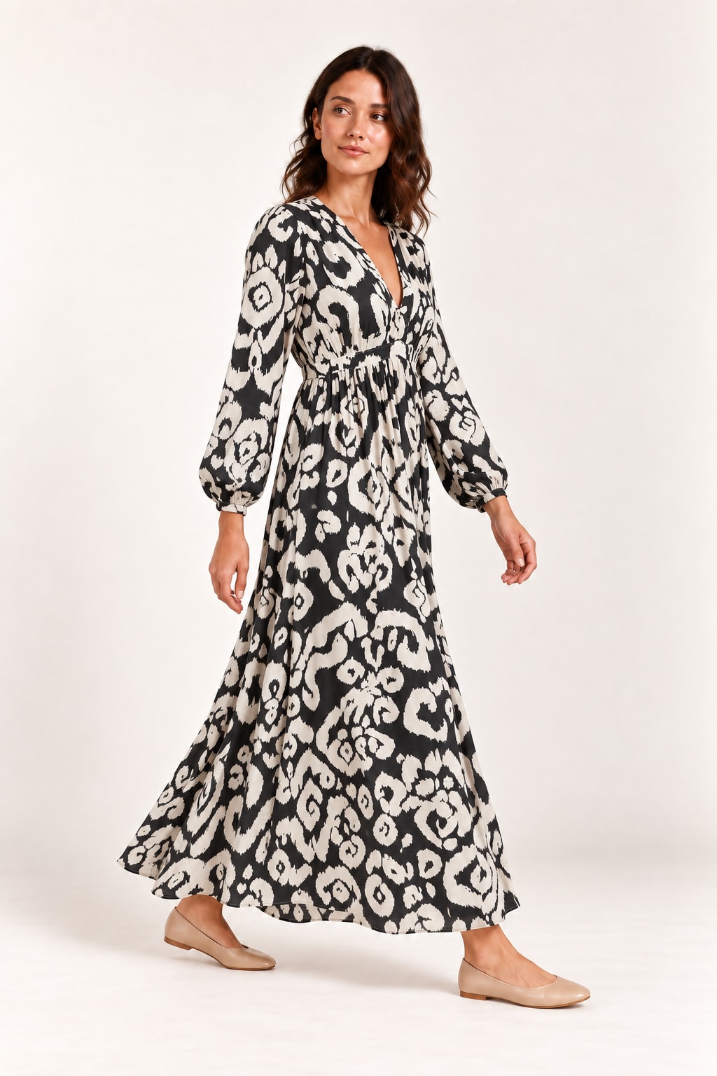 Robe Ilona longue imprimée noir écru Tsniout - vue 3