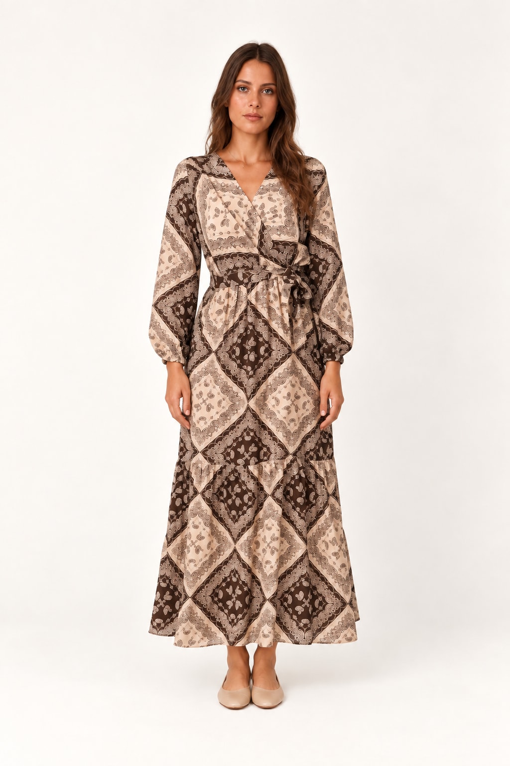 Robe Lyzski longue portefeuille taupe Tsniout - vue 1
