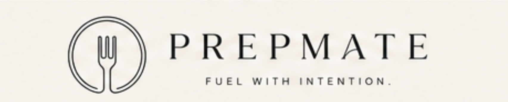 full sideways logo for prepmate including fork icon with cream background