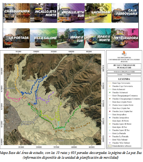 Base Map of the Study Area, with the 10 routes and 603 stops downloaded from the La Paz Bus website (information available in the mobility planning unit)
