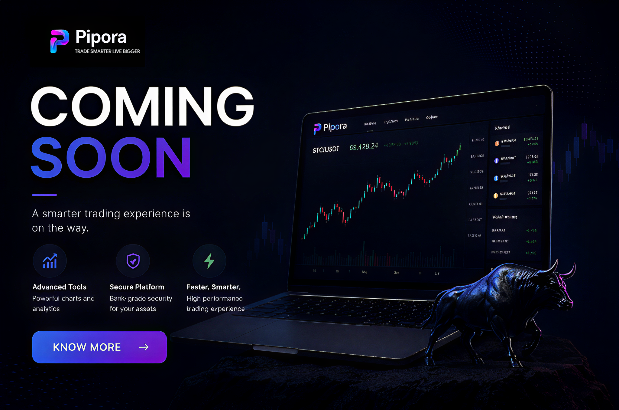 Pipora coming soon announcement with a trading laptop and bull sculpture