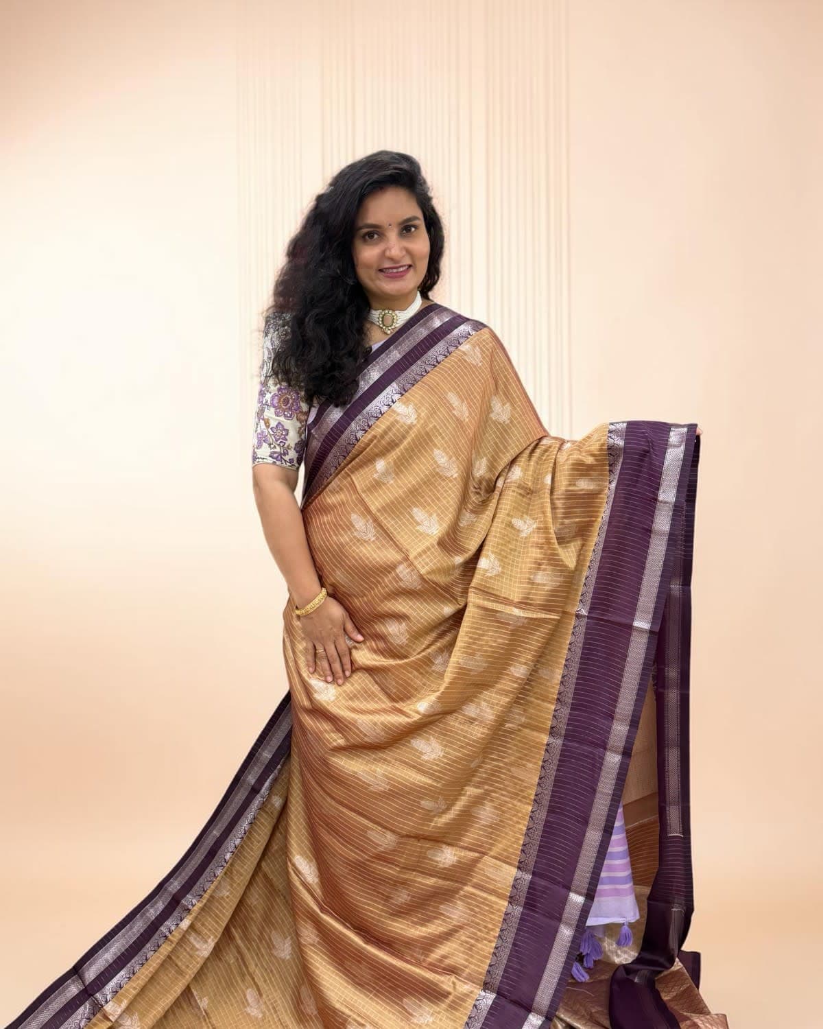 Banarasi Semi Katan (Golden Checks and Motifs)