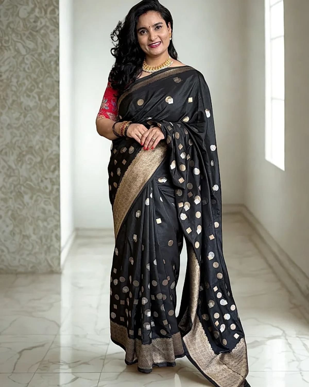 Viscose Silk Saree (Dots Motifs and Contrast Blouse)