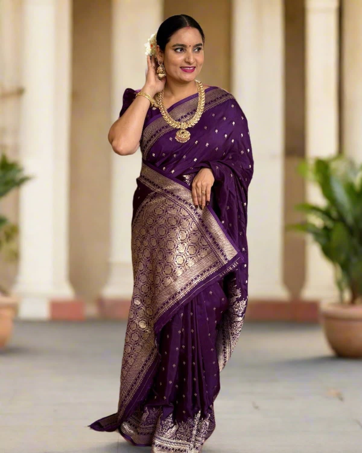 Banarasi Viscose Saree (Premium, Motifs Body, Peacock Border)